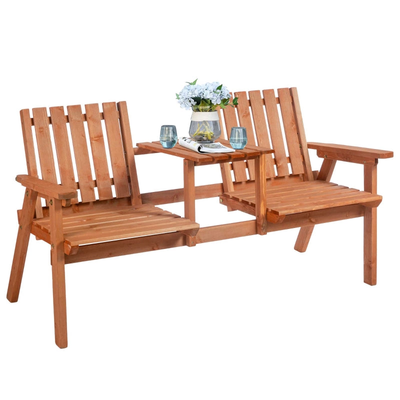 2-Seater Wooden Bench with Built-in Table - Natural Wood