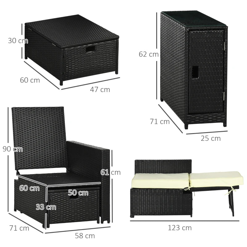 Black 5PC Rattan Sun Lounger Set with Adjustable Recliner and Storage Table