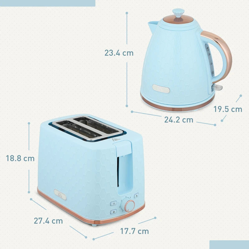 Light Blue 1.7L Fast Boil Kettle & 2 Slice Toaster Set - 3000W, Auto Shut Off, Browning Controls
