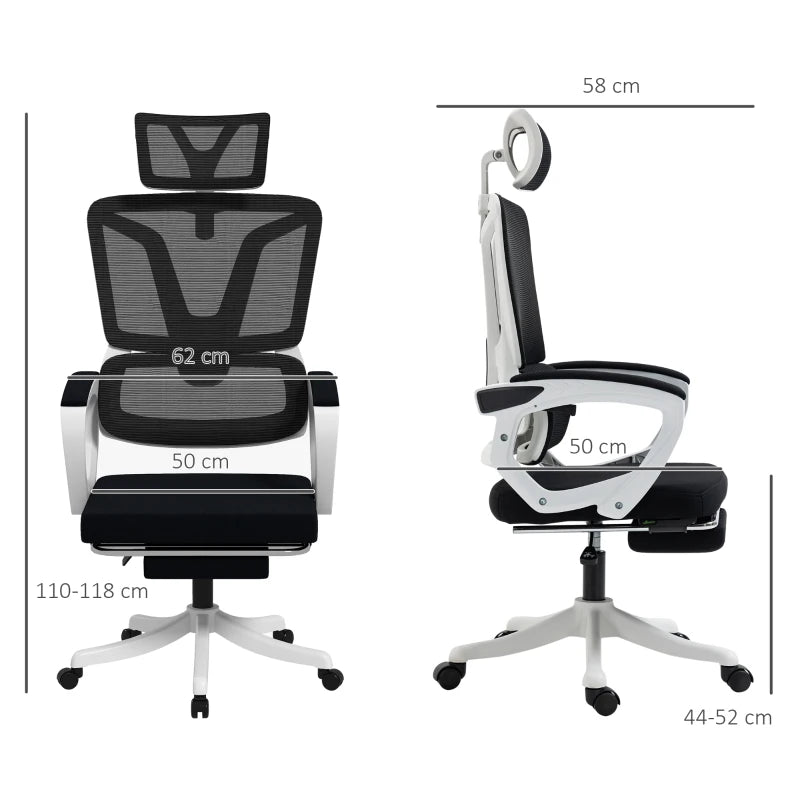 Vinsetto Ergonomic High Back Office Chair - Reclining Mesh Desk Chair with Adjustable Headrest, Lumbar Support & Foot Rest - Black