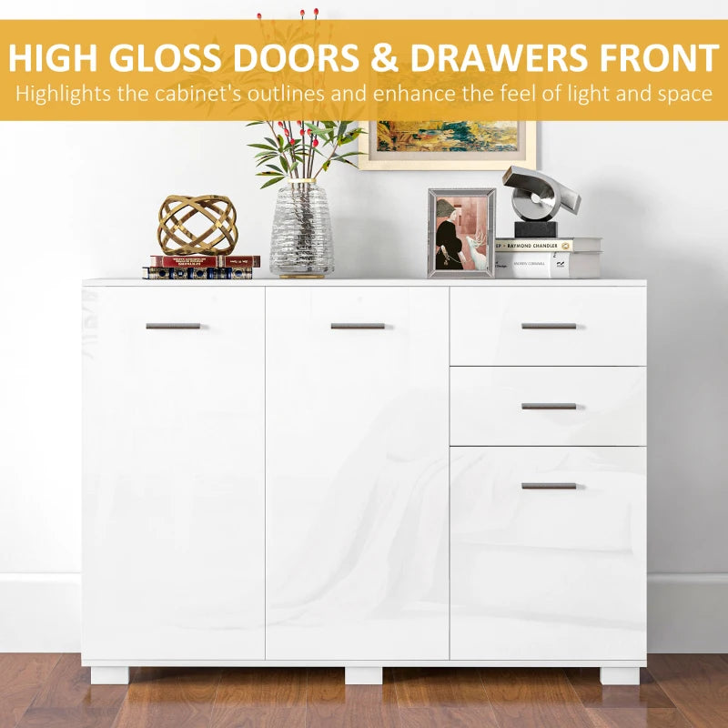 Modern High Gloss White Sideboard Storage Cabinet with Adjustable Shelves and Drawers for Living Room
