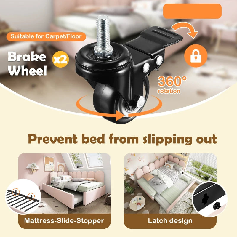 Pink Upholstered Daybed with Pull-Out Bed, 3FT Single Sofa Bed, Metal Slatted Frame, Easy Assembly, 193L x 97W x 76H cm