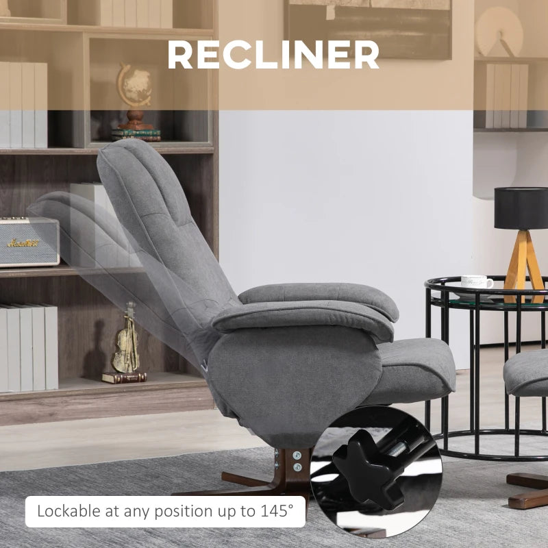 Linen Swivel Recliner Chair with Footstool - Upholstered Reclining Armchair with Wooden Base for Living Room, Grey