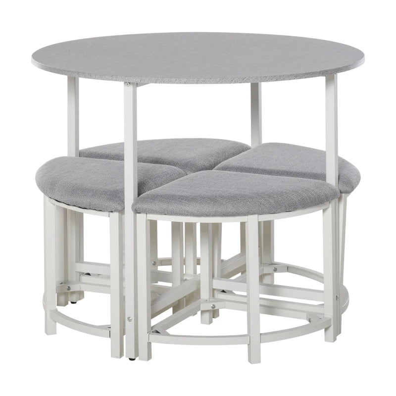 Modern Grey Round Dining Table Set with 4 Upholstered Stools - Stylish Kitchen & Dining Room Furniture