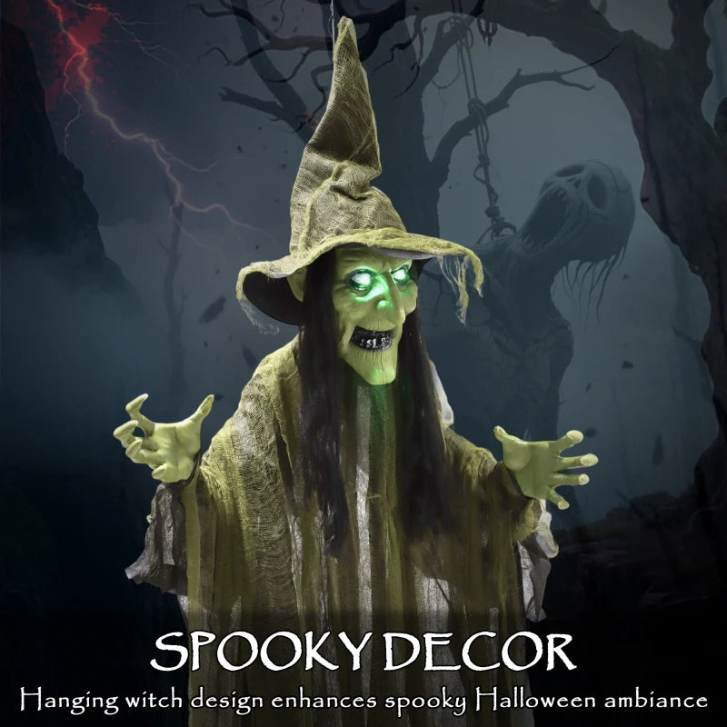 170 cm Life Size Animated Witch with Glowing LED Eyes - Spooky Halloween Decoration, Battery Operated Indoor Party Prop