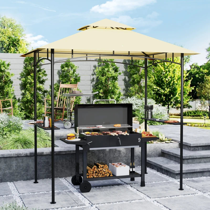 8' x 5' Beige Double Tiered BBQ Grill Gazebo Canopy with LED Lights, 2 Side Shelves & Hooks