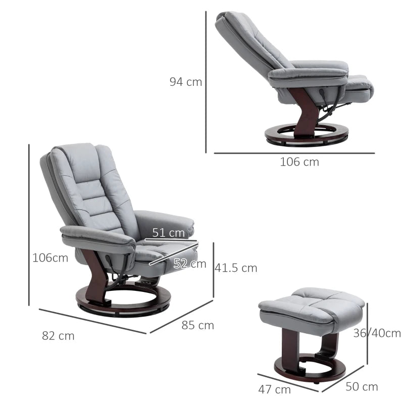 Ergonomic Recliner Chair with Footstool, 130kg Capacity, 135° Reclining Swivel Sofa for Living Room, Grey PU Leather