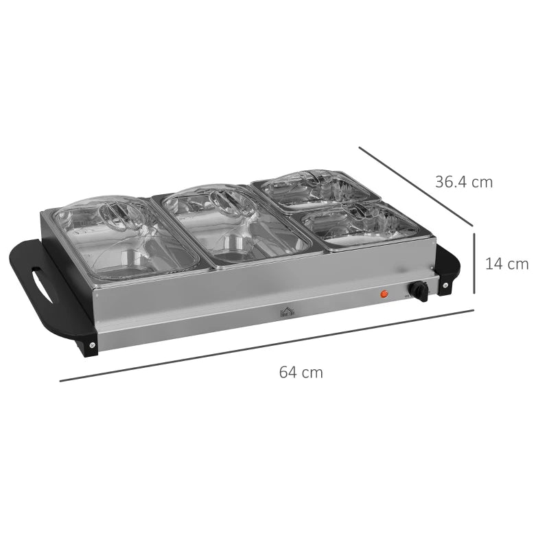 4 Tray Electric Food Warmer Buffet Server - Adjustable Temperature, 300W, Cool Touch Handles, 2 x 2.4L & 2 x 1L Pans