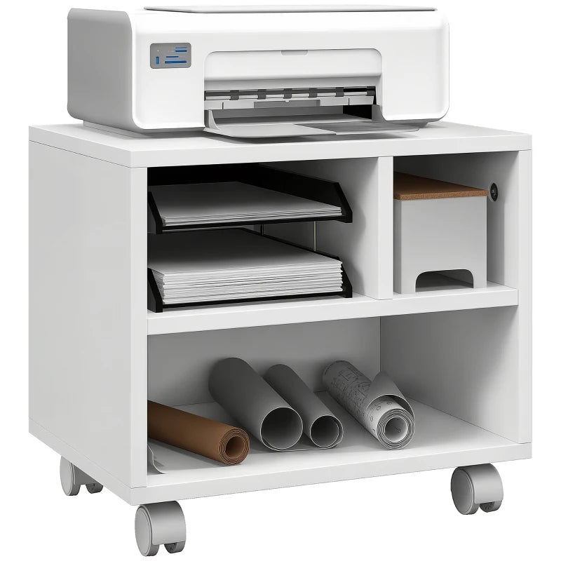 Versatile Three-Compartment Printer Cabinet on Wheels - Stylish White Storage Solution for Home Office and Workspace