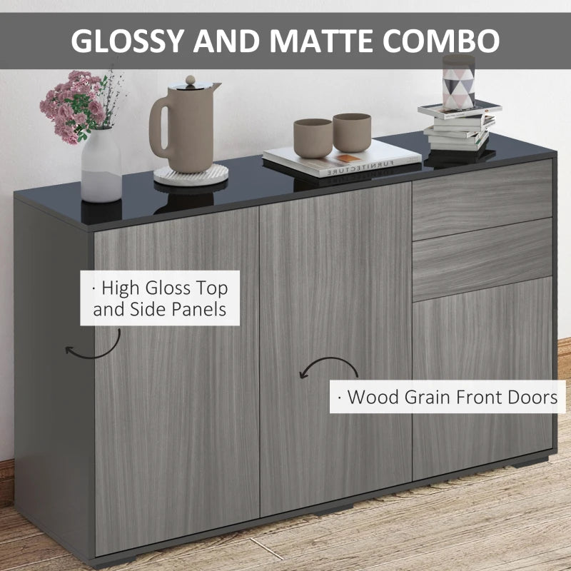 High Gloss Side Cabinet with Push-Open Design, 2 Drawers & 2 Cabinets, Light Grey & Black, 74H x 117W x 36Dcm