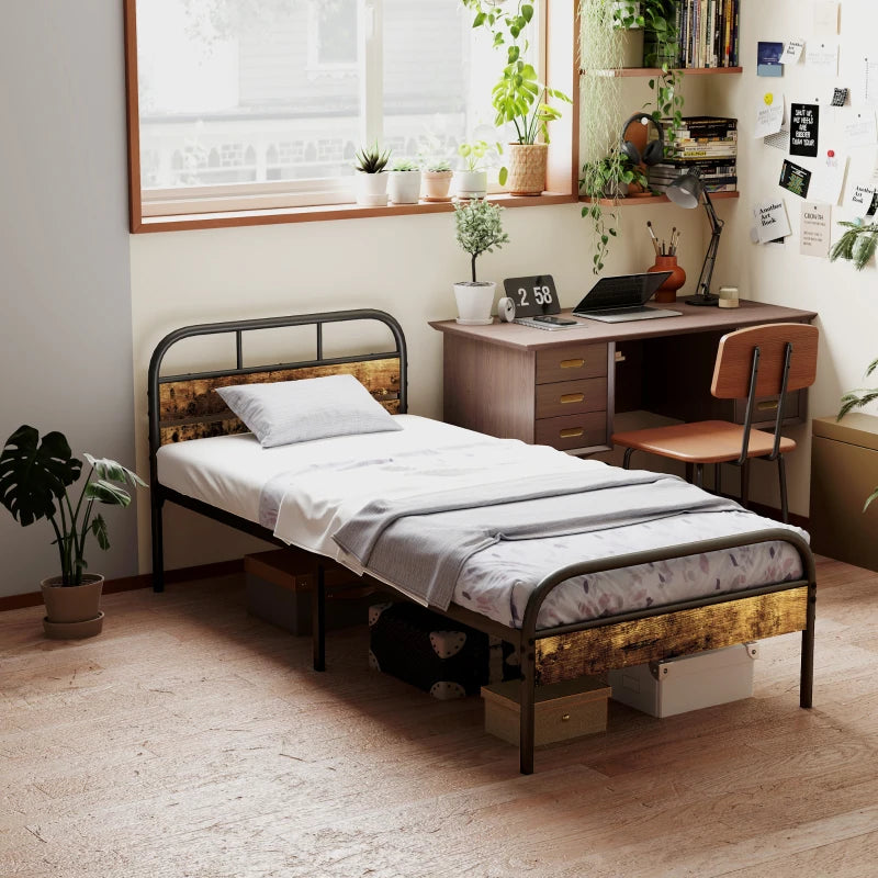 Industrial-Style Black and Brown Single Bed Frame - Sturdy Metal and Wood Design for Modern Bedrooms