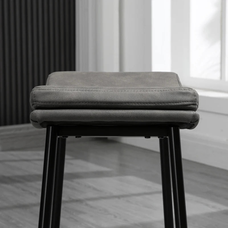 Set of 2 Grey Microfibre Upholstered Bar Stools - Industrial Curved Seat Design with Steel Frame for Kitchen & Dining Room