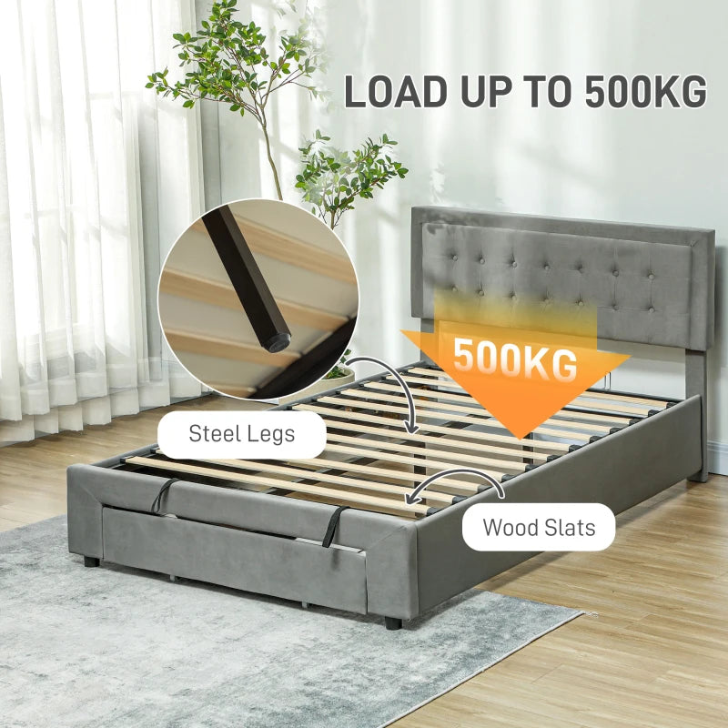 Double Size Ottoman Bed Frame with Front Drawer Stylish Grey Design 140x193.5x95cm
