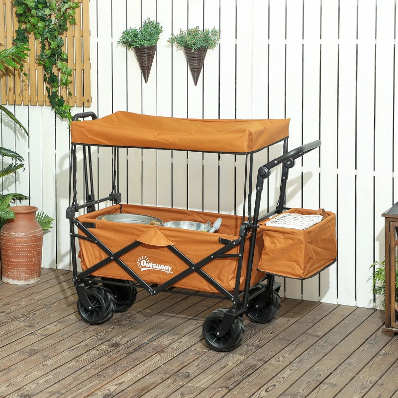 Folding Trolley Cart Storage Wagon - Orange 4-Wheel Beach Trailer with Canopy for Shopping and Camping