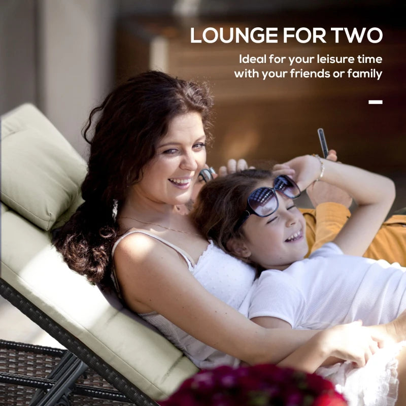 Double Rattan Sun Lounger Recliner Day Bed - Cream