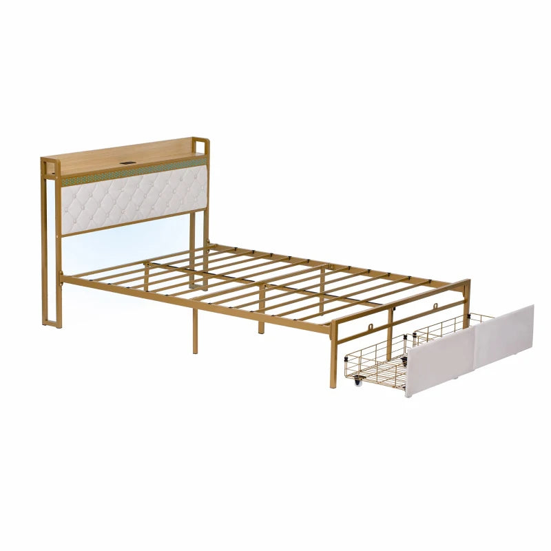 Modern Double Bed Frame with Storage Drawers & RGB LED Headboard - Beige & Chrome, 207L x 138W x 100H cm