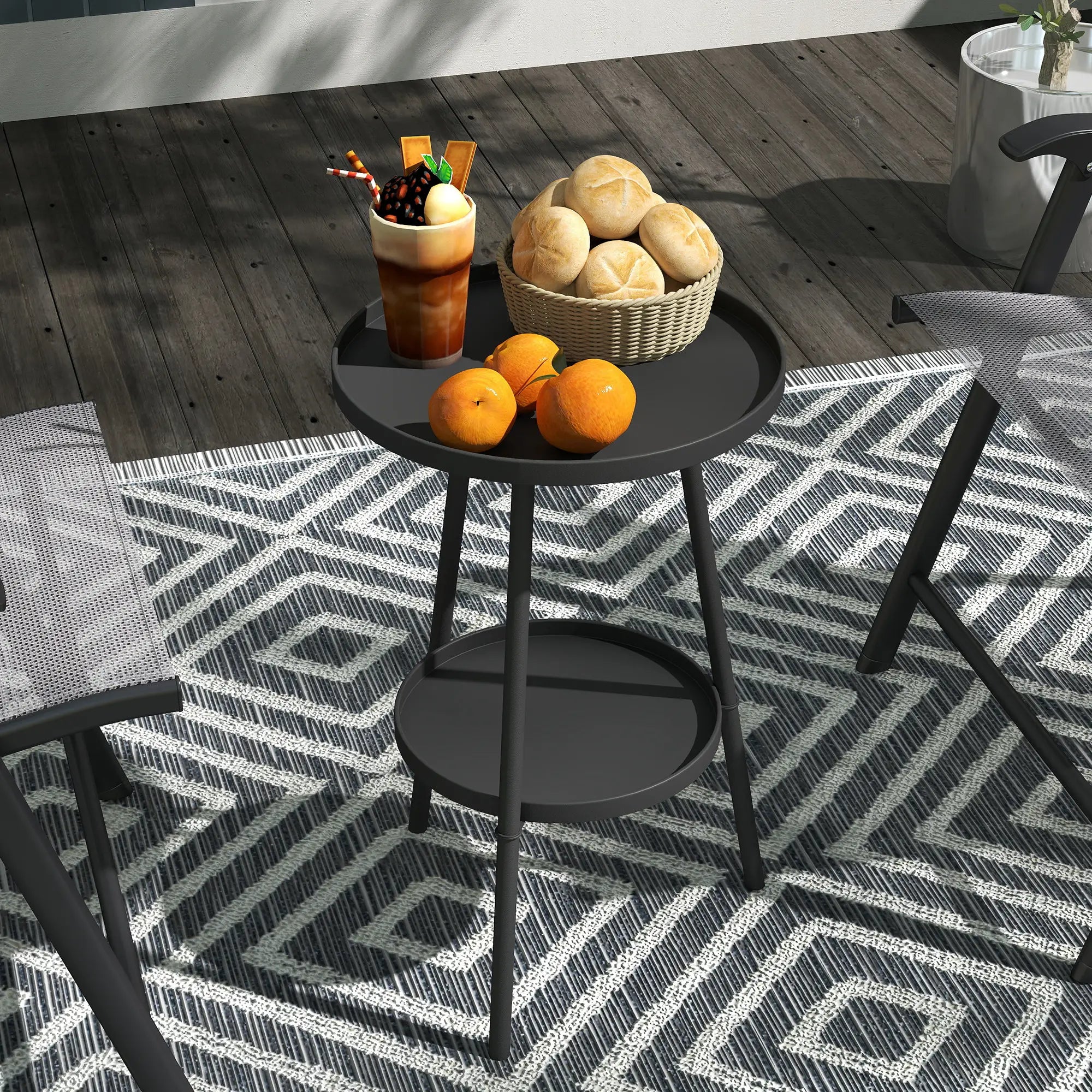 Black 2-Tier Small Round Garden Table - Metal Patio Table - Coffee Table for Porches, Decks & Balconies