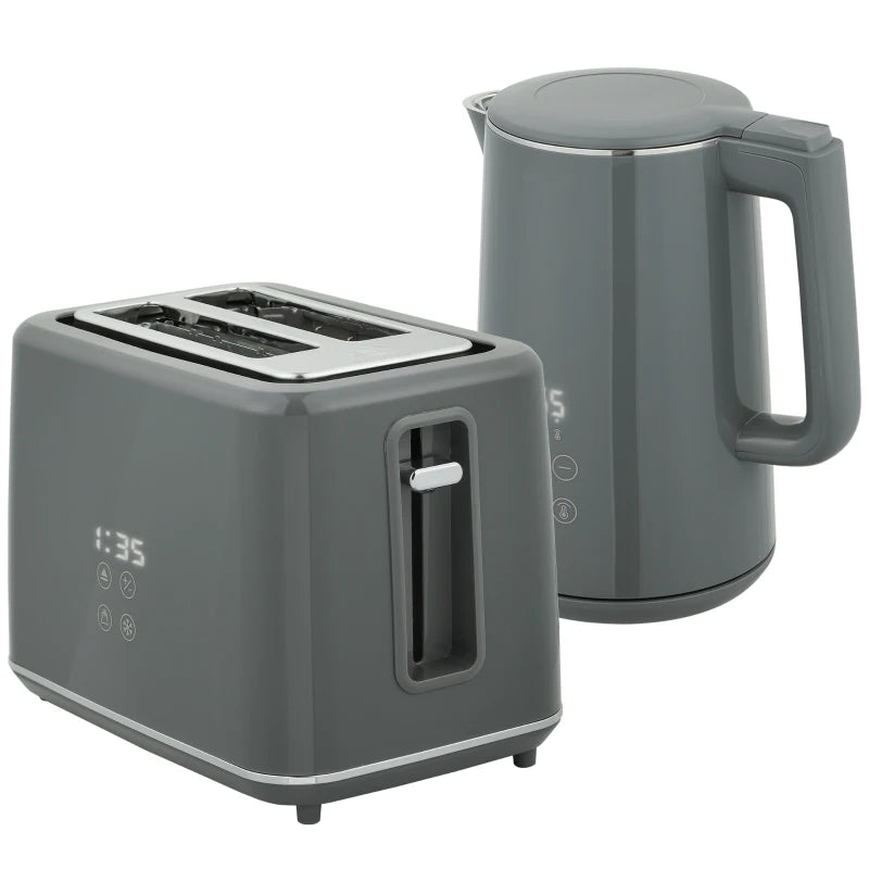 Digital Stainless Steel Kettle & Toaster Set - 1.5L Fast Boil 3000W Kettle, 2 Slice Toaster with 7 Browning Levels, Grey