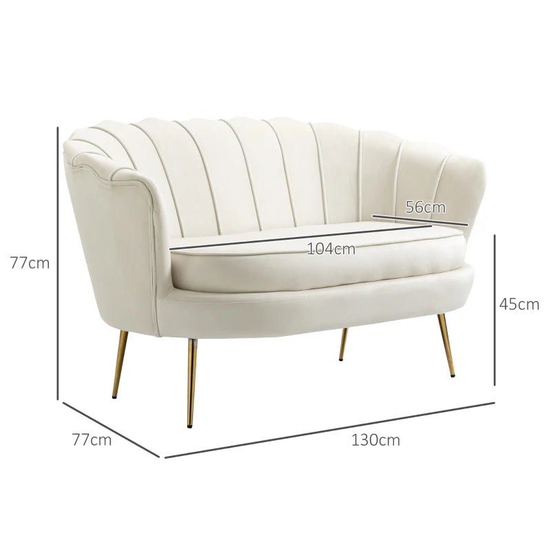 Modern Velvet Loveseat Sofa with Petal Backrest and Gold Legs for Living Room and Bedroom, Cream Colour