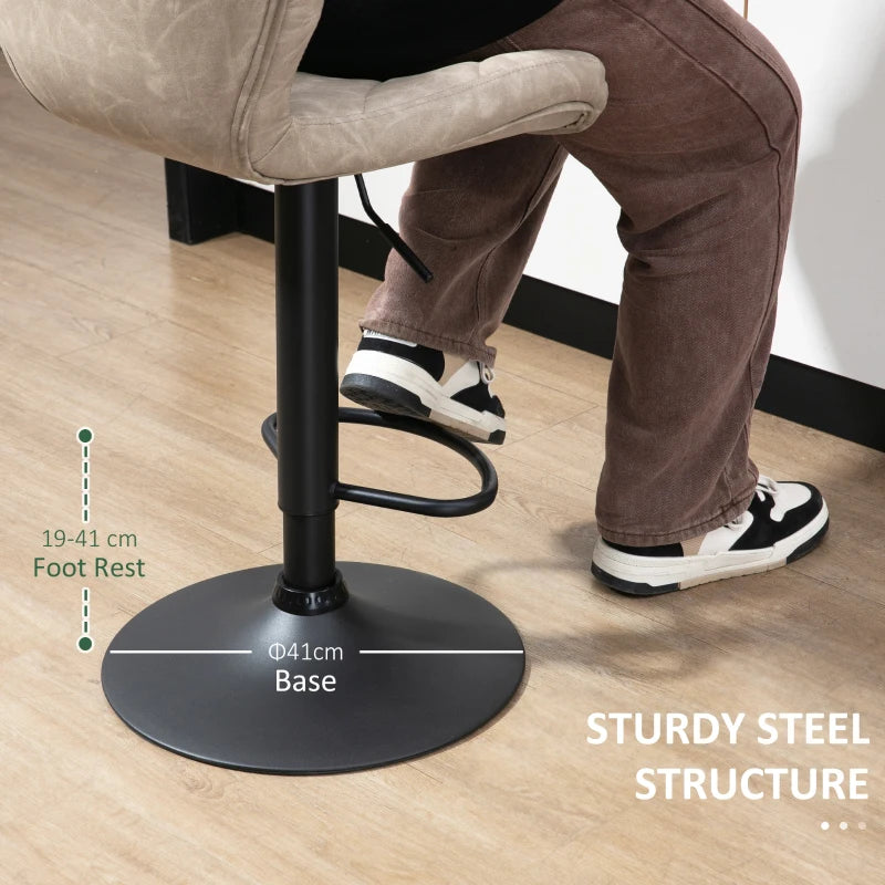 Set of 2 Swivel Bar Stools with Backrest & Footrest - Light Khaki PU, Steel Frame, Diamond Pattern for Kitchen & Dining