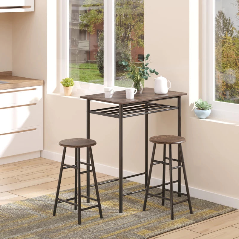 Stylish Black and Oak Bar Table Set with Stools, Footrest & Storage Shelf for Kitchen, Dining Room, Pub, Cafe