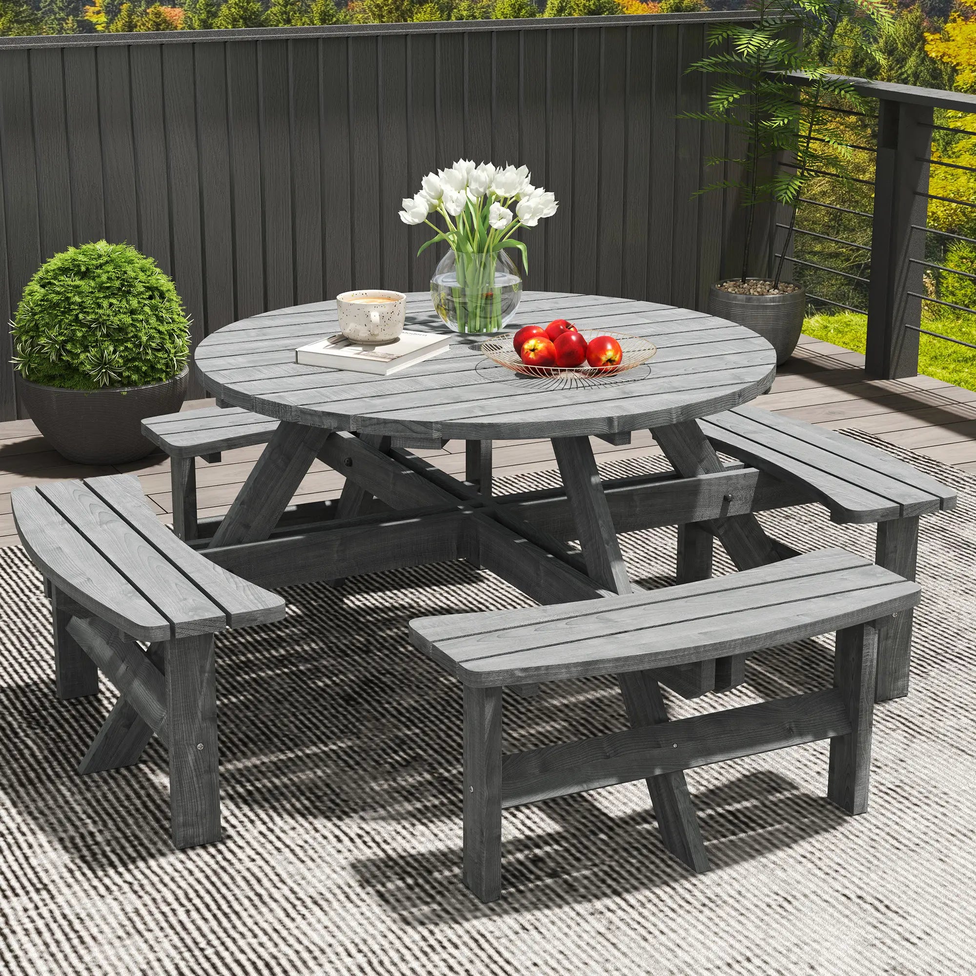 Grey Fir Wood 8-Seater Wooden Picnic Set -  Slatted Tabletop - Suits 8 People