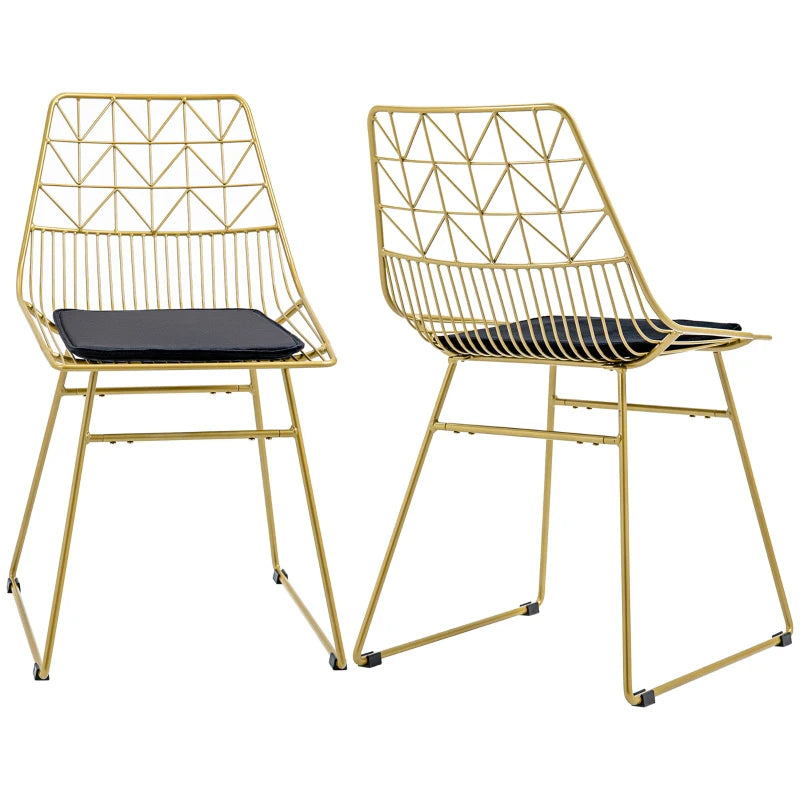 Luxurious Set of 2 Dining Chairs - Metal Wire Kitchen Chairs with Velvet Cushions, Cut-out Back & Gold Steel Frame