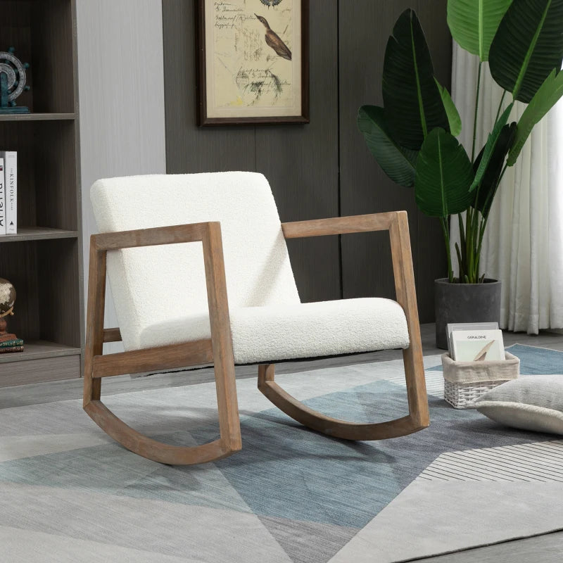 Upholstered Rocking Chair with Cushion and Wooden Base for Living Room and Bedroom in Cream White