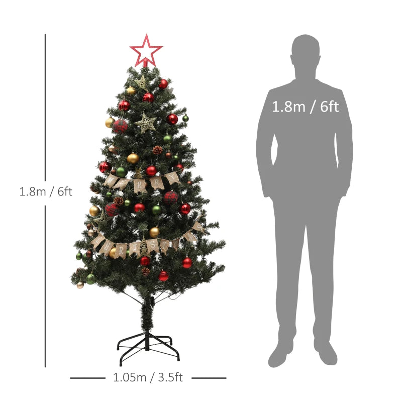 6ft Pre-Lit Christmas Tree with Red and Green Decorations, Warm White Lights - Perfect Holiday Decor