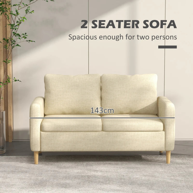 Modern Two-Seater Sofa for Living Room, Stylish Fabric Couch with Wooden Legs and Storage Pockets, Beige