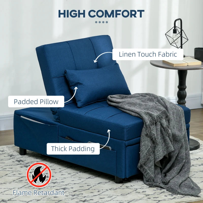 4-in-1 Convertible Chair Bed with Adjustable Backrest, Side Pocket, Wheels and Pillow for Living Room, Blue