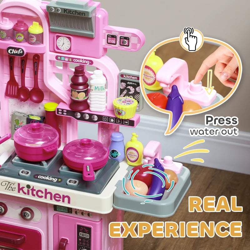 Kids Play Kitchen Set with 33 Accessories Lights Sounds Storage for Ages 3-6 Pink
