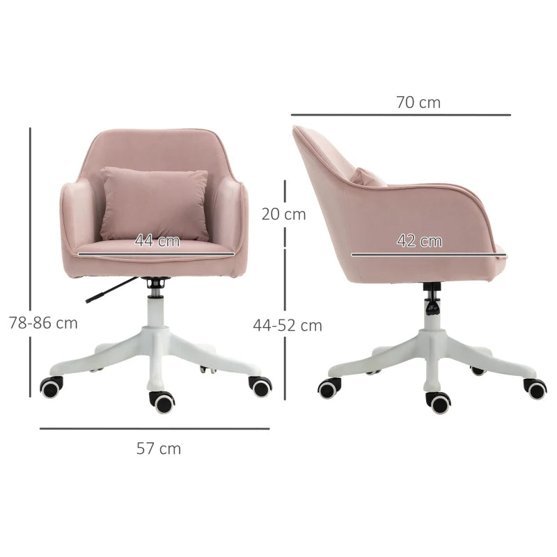 Vinsetto Pink Velvet Office Chair with Massage Lumbar Pillow, Rolling Wheels - Stylish Desk & Makeup Vanity Chair for Home