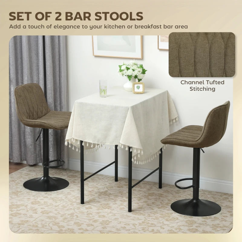 Set of 2 Stylish Brown Linen-Look Bar Stools - Modern Design for Kitchen & Dining - Comfortable Seating