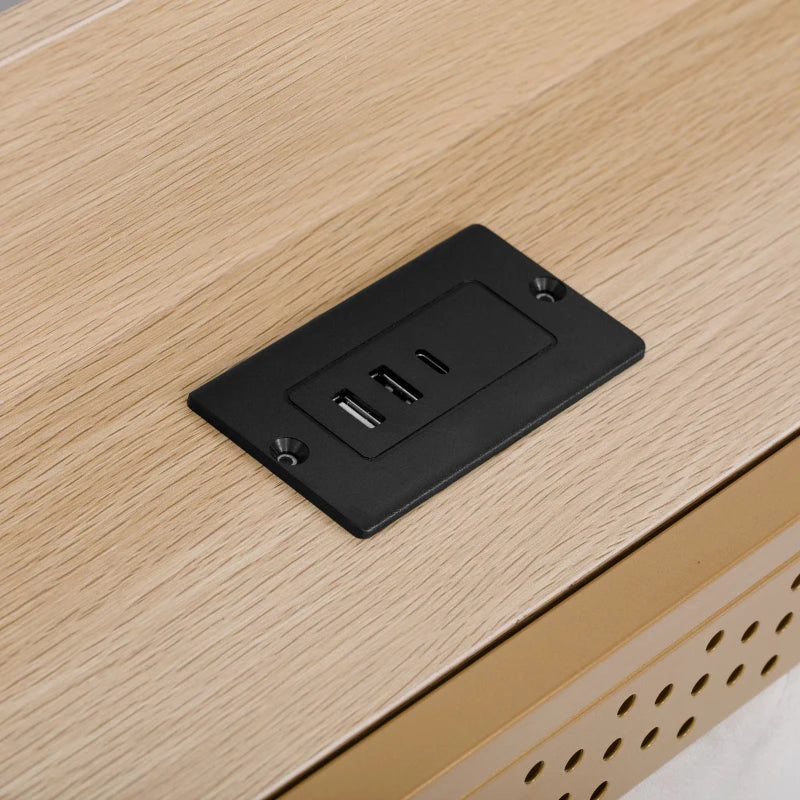 Modern Double Bed Frame with Storage Drawers & RGB LED Headboard - Beige & Chrome, 207L x 138W x 100H cm