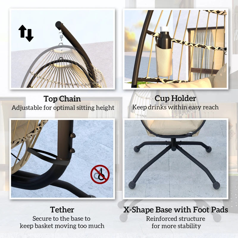 Hanging Egg Chair - Khaki - Outdoor Indoor Garden Swing Chair with Stand, Folding Basket, Thickened Cushion, Headrest & Cup Holder - Perfect for Patio & Balcony