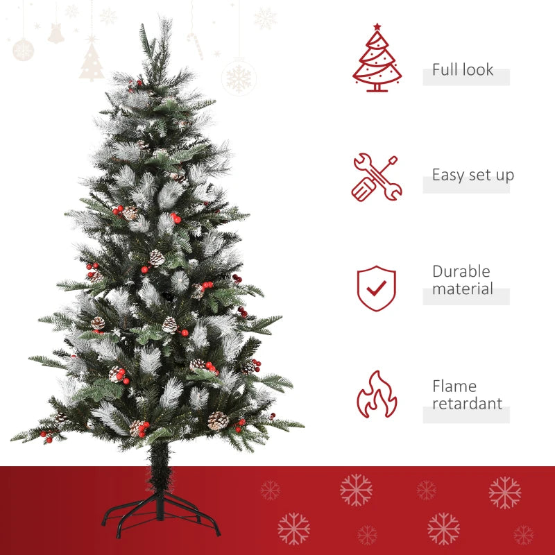 5FT Snow Dipped Christmas Pencil Tree with Red Berries & White Pinecones - Foldable Holiday Decoration for Home Parties