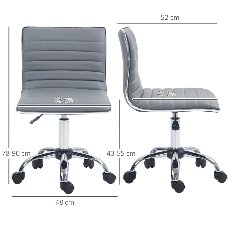 Light Grey Armless Task Desk Chair - Swivel Faux Leather Office Chair with Adjustable Height & Chrome Base for Home