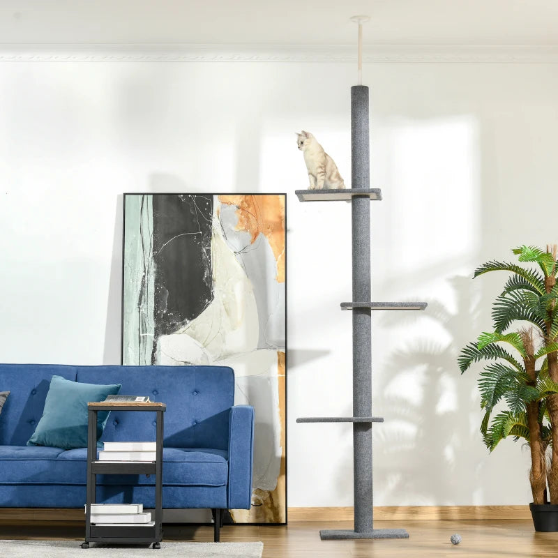 260cm Indoor Cat Tree with 3 Platforms - Grey Floor to Ceiling Activity Centre for Cats