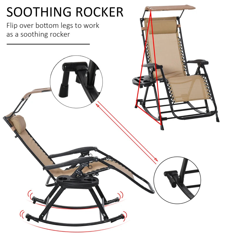 Beige Folding Rocking Sun Lounger Chair with Headrest and Side Holder