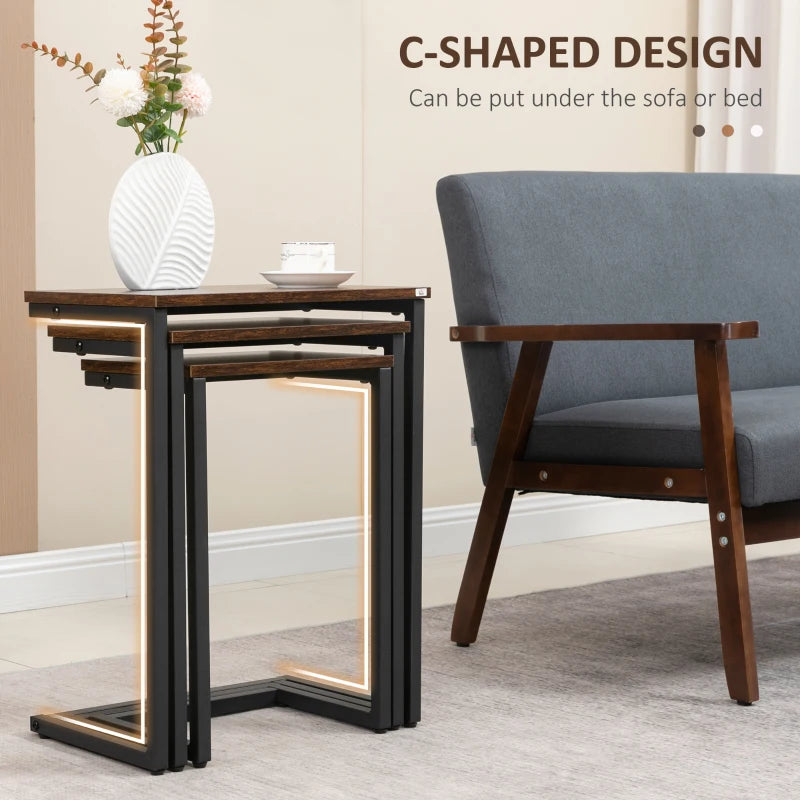 Nesting Side Tables Set of 3 C-Shaped Snack Tables with Steel Frame for Sofa Couch and Bed Rustic Brown