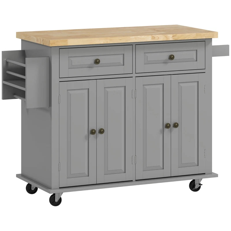 Rolling Kitchen Island Storage Trolley with Rubber Wood Top & Drawers - Stylish Grey Dining Room Cart