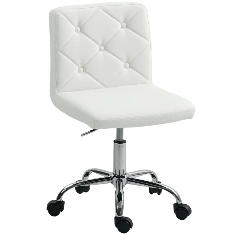 Modern PU Leather Armless Office Chair - Adjustable Height Swivel Vanity Chair with Rolling Wheels for Home Study & Bedroom - White