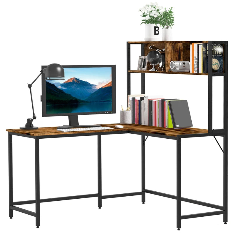 Industrial L-Shaped Desk with Bookshelf - Corner Computer Writing Table, Steel Frame, 140x125cm, Brown for Home Office & Study
