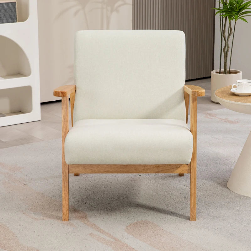 Stylish Cream White Fabric Accent Chair with Rubber Wood Frame and Comfortable Padded Cushion for Living Room
