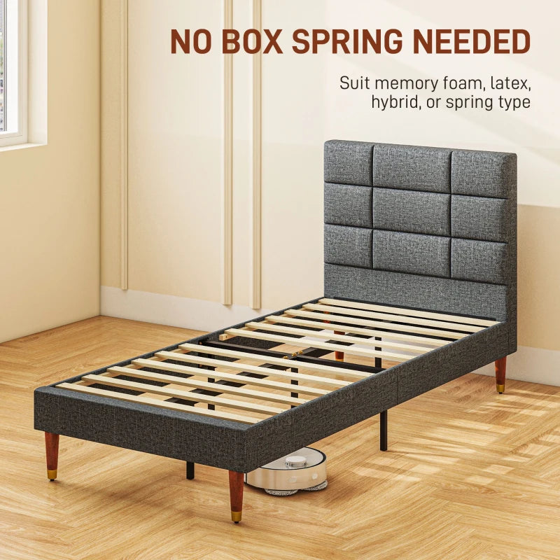 Stylish Grey Upholstered Single Bed Frame with Slats 161x208x121cm for Modern Bedrooms