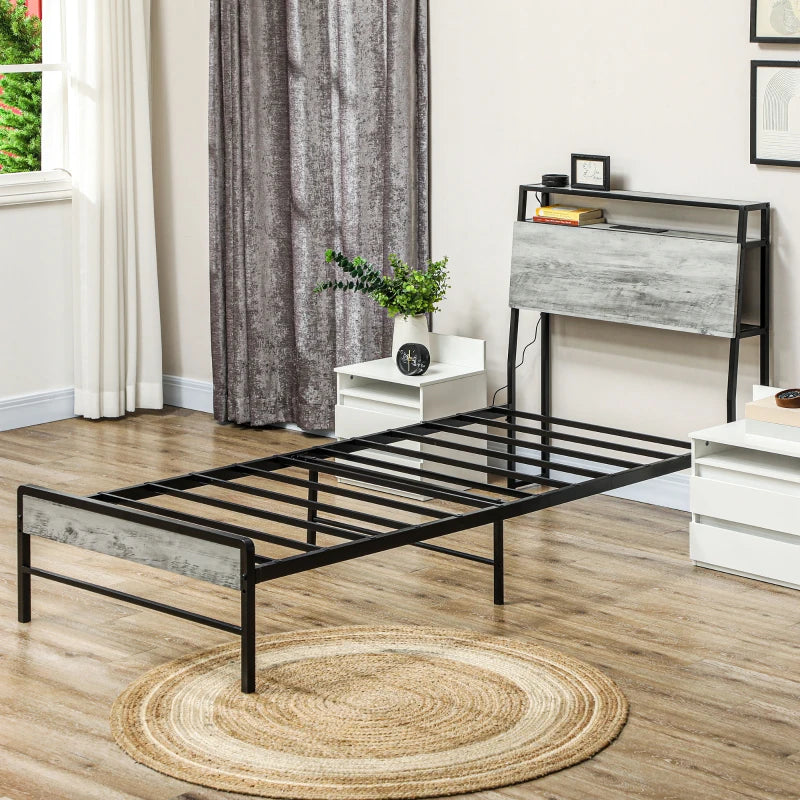 Modern Grey Single Steel Bed Frame with LED Lights & Headboard Shelf - Stylish & Functional Bedroom Furniture