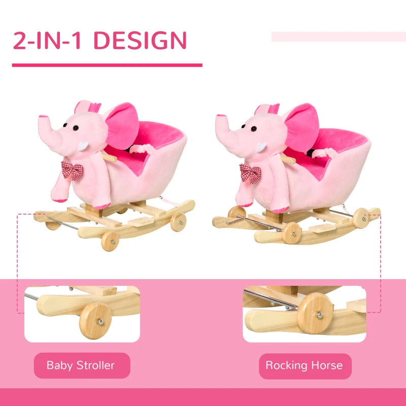 2-in-1 Plush Baby Rocking Horse Elephant with Wheels - Wooden Toy for Kids, 32 Songs, Ideal for 18+ Months (Pink)