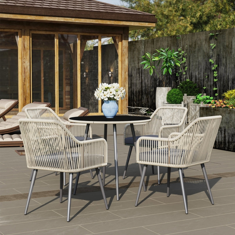 4 Seater Light Brown Rattan Dining Set with Cushions - Outdoor Round Glass Top Table and Chairs for Patio and Balcony
