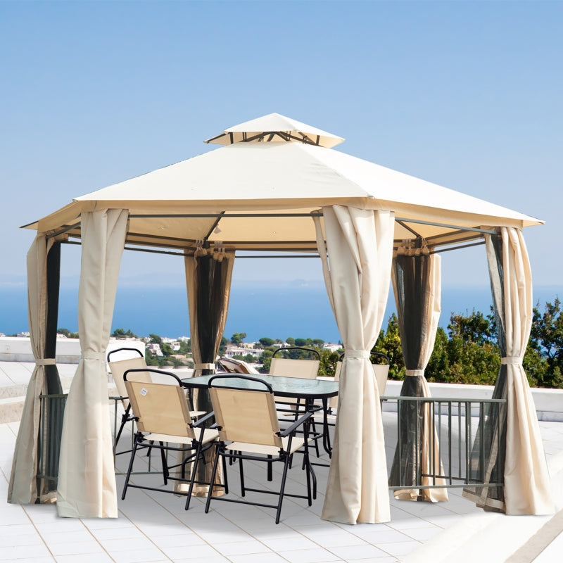 Beige 3m x 3m Hexagonal Gazebo With Curtains